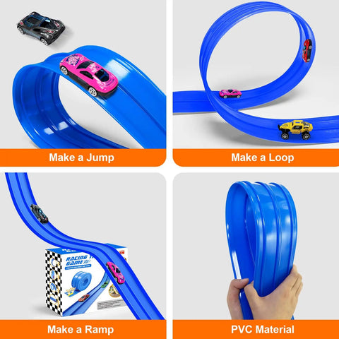 15 Foot Flexible Double Lane Race Track For 1 64th Diecast Cars, blue track loops and ramp, PVC material, with toy cars.