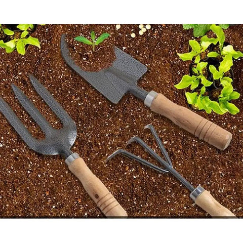 Three Kinds Of Gardening Tools Set Featuring Hooked Mattock Hand Shovel And Trident With Iron Heads And Wooden Handles
