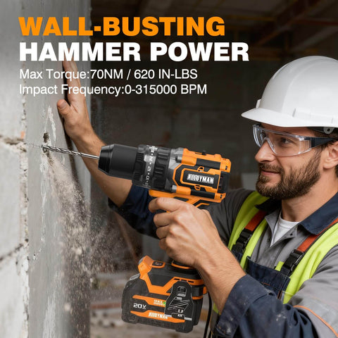 Worker uses Go-To 20V Max Cordless Hammer Drill With Brushless Motor, 620 In-Lb Torque, 31500 BPM on concrete wall