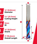 Spektra Extreme Tool Life Coated Solid Carbide CNC Compression Spiral Router Bit 46172-K with dimensions and colorful coating