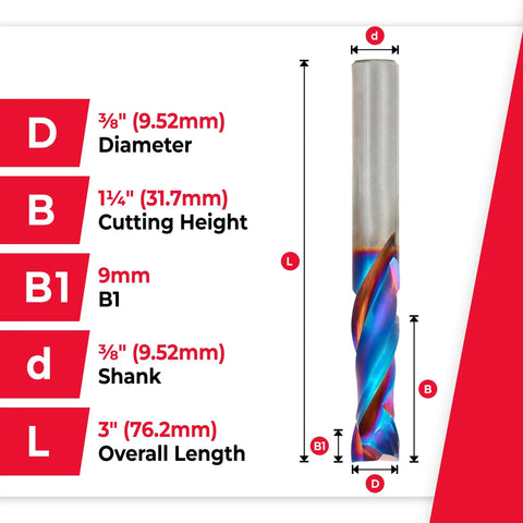 Spektra Extreme Tool Life Coated Solid Carbide CNC Compression Spiral Router Bit 46172-K with dimensions and colorful coating