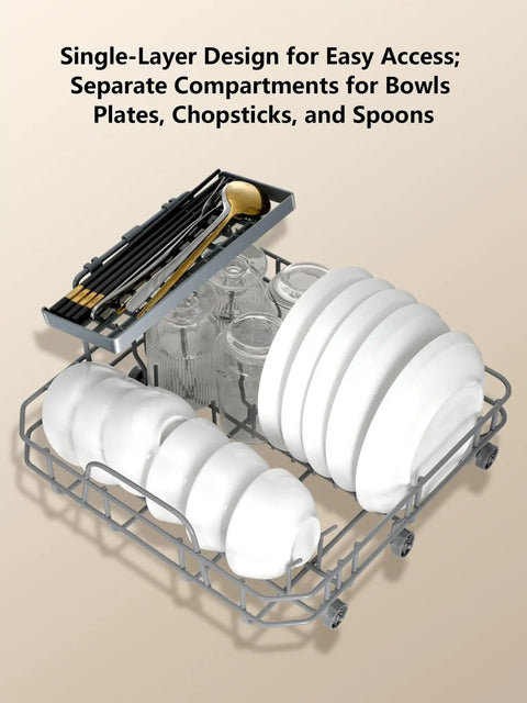 Compact Countertop Dishwasher With No Fuss Setup And 360 Degree Spray For Straight Up Clean Dishes showcasing single-layer design and compartments.