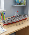 Rad RC Warship Boat With Water Spray 16 Inch Battleship Aircraft Carrier on a desk with dimensions displayed