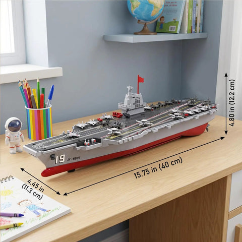 Rad RC Warship Boat With Water Spray 16 Inch Battleship Aircraft Carrier on a desk with dimensions displayed
