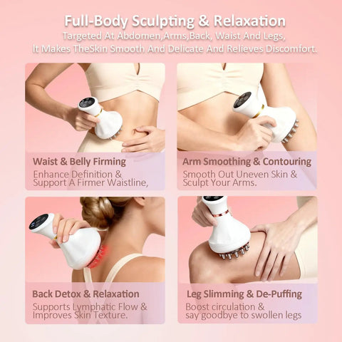 Four images showing Premium Lymphatic Drainage Massager For Body Shaping With Microcurrent, Vibration, Light And Heat Therapies in use.