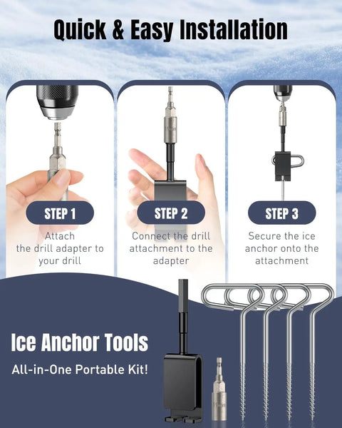 Steps for using All In One Ice Anchor Tool Kit With 10 Pieces Including 4 Ice Screw Anchors, 4 Tent Guylines, 1 Drill Adapter
