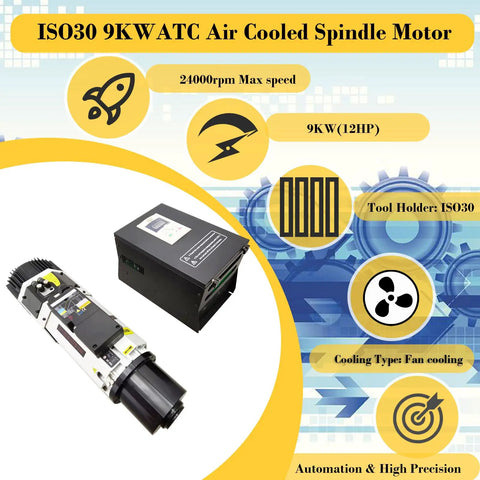 ATC Auto Tool Change Air Cooled Spindle Motor Kit, 9KW/12HP CNC Mill Spindle, 24000 RPM, ISO30 Tool Holder, VFD Inverter 220V 1PH