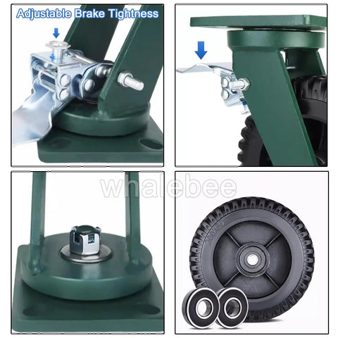 Heavy Duty Industrial Casters 6 And 8 Inch Set Of 4 Rock Solid Swivel Units With Heavy Locking Brakes Solid Rubber Wheels adjustable brake mechanism and solid rubber wheel close-up