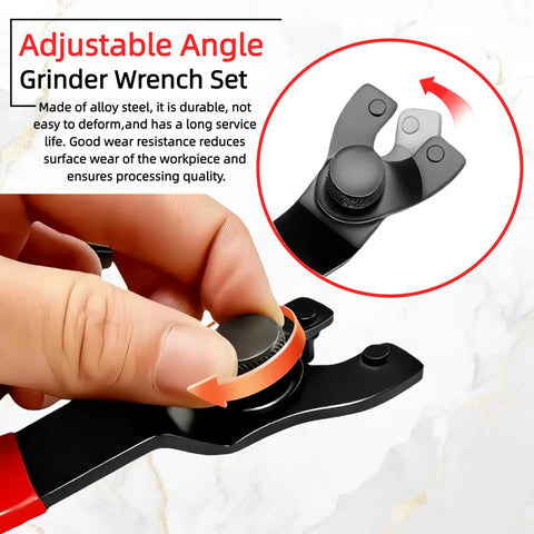 Two Pack Red Adjustable Pin Spanner Wrench For Angle Grinder Lock Nut Heavy Hitter Disc Removal Spanner shows a hand adjusting the tool.