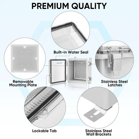 Waterproof Electrical Junction Box IP67 ABS Plastic Enclosure With Hinged Cover, featuring components like lockable tab and water seal