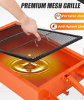 Hand lifting premium mesh grille off a heavy duty low profile oil drain pan cart 15 gallon capacity for fluid extraction.