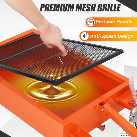 Hand lifting premium mesh grille off a heavy duty low profile oil drain pan cart 15 gallon capacity for fluid extraction.