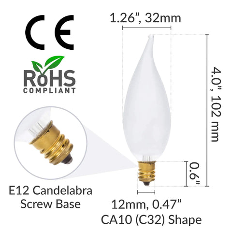 Get This Awesome Pack Of Twelve Frosted Flame Tip Candelabra Incandescent Light Bulbs E12 Base dimensions and specifications