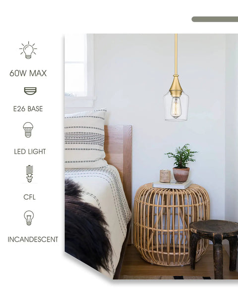 Gold Pendant Light 2 Pack With Clear Glass Shade hanging in a modern bedroom setting, showing adjustable height and wine glass style.