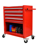 Red 4 Drawer Rolling Tool Cabinet With 4 Wheels And Parking Brakes 24.4 Inch Mobile Tool Chest With Ball Bearing Drawers For Garage Warehouse And Workshop Workhorse Heavy Duty Metal Storage Chest For Tools And Parts. Front view of red steel rolling tool cabinet with open lower storage and casters