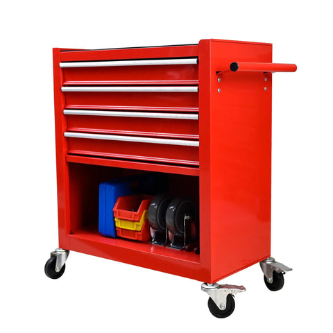 Red 4 Drawer Rolling Tool Cabinet With 4 Wheels And Parking Brakes 24.4 Inch Mobile Tool Chest With Ball Bearing Drawers For Garage Warehouse And Workshop Workhorse Heavy Duty Metal Storage Chest For Tools And Parts. Front view of red steel rolling tool cabinet with open lower storage and casters