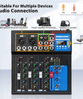 4 Channel USB Audio Interface Mixer With Built In Bluetooth MP3 Player And 48V Phantom Power For Karaoke DJ Gigs Stage Live Streaming And Studio Setup With Mic Guitar Line Inputs
