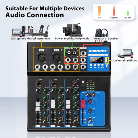 4 Channel USB Audio Interface Mixer With Built In Bluetooth MP3 Player And 48V Phantom Power For Karaoke DJ Gigs Stage Live Streaming And Studio Setup With Mic Guitar Line Inputs