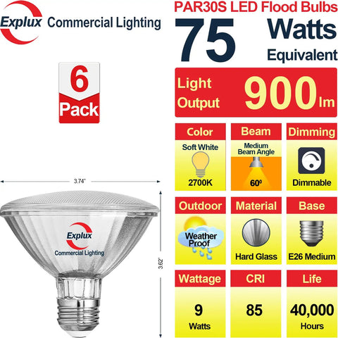 LED PAR30 Short Neck Flood Light Bulbs, 75W Equiv, Dimmable, 40,000 Hour Life, Full Glass Waterproof Build, Soft White 2700K