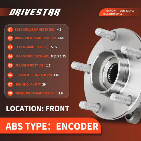 Front Wheel Hub And Bearing Assembly For Nissan Altima 2007 2012 2.5L 4 Cylinder With 5 Lug And ABS Encoder displayed with specs.
