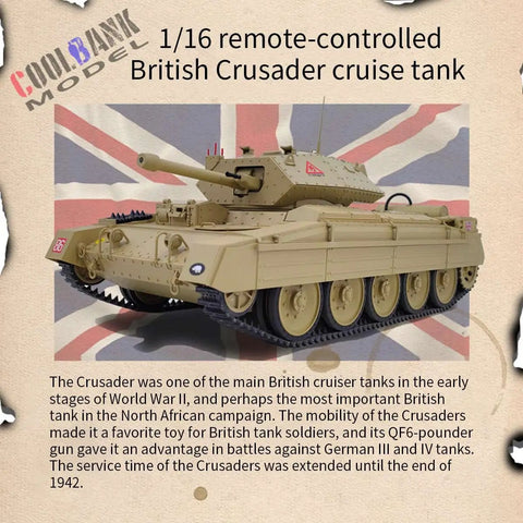 RC British Crusader Tank 1/16 Scale with Metal Upgrades on Union Jack background, showcasing historical WWII model details.