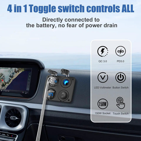 Beefed Up 12 Volt USB Outlet RV Marine Switch Panel with voltmeter and ports on vehicle dashboard