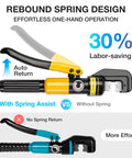Hydraulic crimping tool with rebound spring design for easy 10-ton crimping; shown with spring assist and auto return feature.
