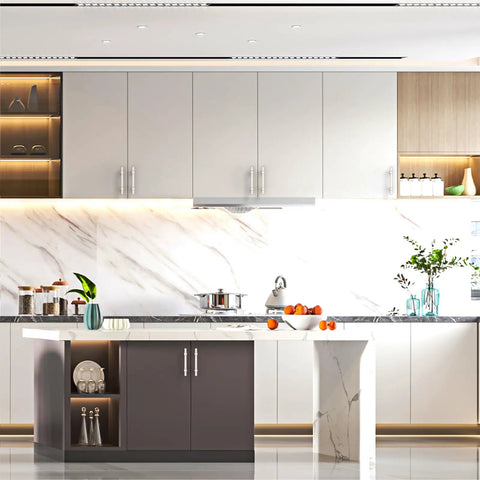 Modern kitchen with 10 Pack 3 Inch (76mm) Brushed Satin Nickel Cabinet Pulls for Kitchen Cabinets on white cupboards.