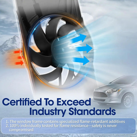Engine Cooling Radiator Fan Assembly With Brushless Motor And Factory Shroud For Ford Focus Battery EV And 2 Point 0 Liter Engines Direct Swap No Sweat Install Hella Durable Cools Perfectly close-up with airflow illustration.