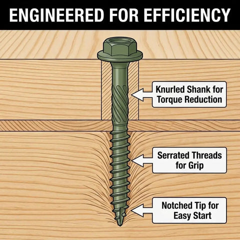 Pack Of Fifty Heavy Duty Wood Structural Screws Green Coated Hex Head detail showing knurled shank, serrated threads, notched tip.
