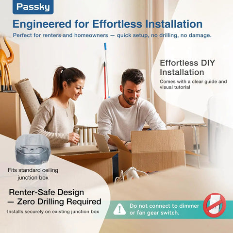 Couple assembling 52 Inch Flush Mount Ceiling Fan With Light And Remote Low Profile Black Fan For Bedroom Or Farmhouse with box