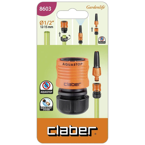 Heavy Duty Quick Connect Hose Fittings Half Inch Female Rubber Stop Coupling For Garden Irrigation And Home Plumbing Works on packaging with Aquastop featured.