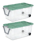 Heavy Duty Rolling Storage Bins, 40 Gallon Capacity, 2 Pack Garage Organization Cart With Wheels, Hella Tough Mobile Container For Moving Supplies, Workshop Tools, And Camping Gear, Green Sage set showing two transparent bins with green lids and wheels.