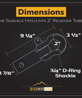 Diagram of Beefy Heavy Duty Shackle Hitch For 2 Inch Receivers With 15 Ton Break Strength, with dimensions labeled
