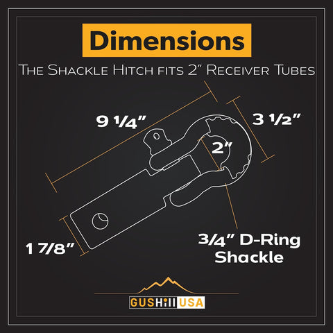 Diagram of Beefy Heavy Duty Shackle Hitch For 2 Inch Receivers With 15 Ton Break Strength, with dimensions labeled