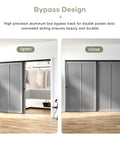 8 Ft Bypass Double Sliding Pocket Door Hardware Kit in Aluminum and Black, installed view showing open and closed positions