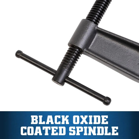 Close-up of spindle on Heavy Duty 12 Inch C Clamp With 3 5 Eighths Inch Throat 2850 Lbs Clamping Force Ductile Iron Frame Black Oxide