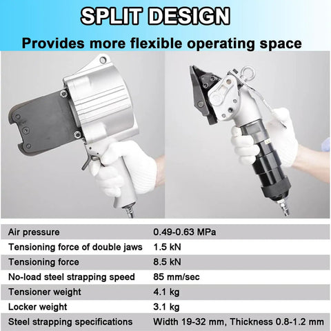 Heavy Duty Pneumatic Steel Strapping Machine For Metal Banding 2 In 1 Tensioner And Cutter Sealer, split design for flexible operation.