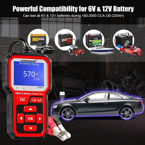 2 In 1 OBD2 Scanner And Battery Tester For 6V/12V Cars And Light Trucks, Car Diagnostic Scan Tool With Check Engine Codes, Live Data, O2 Sensor, Freeze Frame, Alternator Load Test on handheld unit
