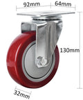 Heavy duty swivel caster set with red polyurethane wheel and plate mounting, ideal for smooth rolling and heavy equipment mobility.
