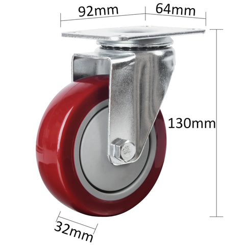 Heavy duty swivel caster set with red polyurethane wheel and plate mounting, ideal for smooth rolling and heavy equipment mobility.
