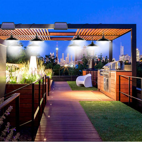 Outdoor patio lit by Solar Pendant Lights With Dual LED Bulbs, IP65 Waterproof Outdoor Dusk To Dawn Auto Lamp With Remote Control