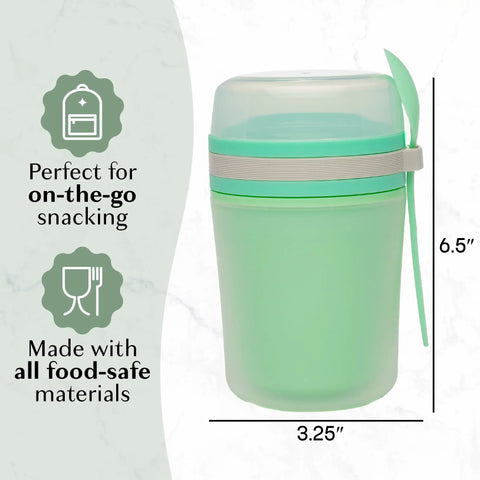 Double Wall Insulated Yogurt Container With Spill Proof For Real Lid Green Snack Cup holding a reusable spoon, 6.5 inches.