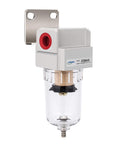 One Quarter Inch NPT Compressed Air Line Filter With Five Micron Brass Element Bracket Poly Bowl Semi Auto Drain 145 Psi Max Inlet