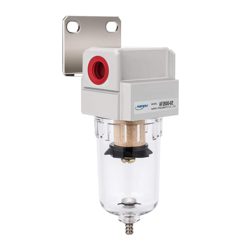 One Quarter Inch NPT Compressed Air Line Filter With Five Micron Brass Element Bracket Poly Bowl Semi Auto Drain 145 Psi Max Inlet