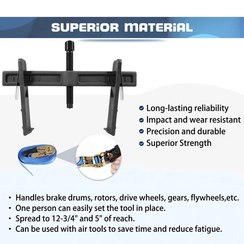 Beefy Heavy Duty Brake Drum And Rotor Puller For Removing Brake Drums Rotors Drive Wheels Gears Flywheels And Pulleys With Hardened Steel Construction And Reinforced Arms For Smooth Damage Free Time Saving Vehicle Repairs, black steel tool with 12-3/4 inch spread