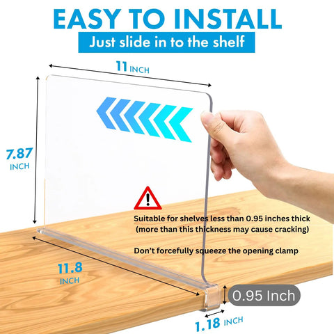 Person easily installing clear acrylic shelf dividers for closet organization, showing dimensions and fit instructions.
