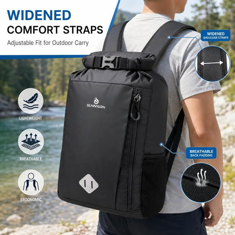 Man wearing 20L Waterproof Dry Bag Backpack with padding and straps, ideal for kayaking, rafting, and hiking.