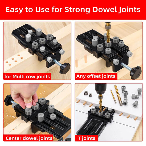 Four images of Dowel Jig Kit With Quick Positive Stop And Clamp showing use for multi-row, offset, center, and T dowel joints.