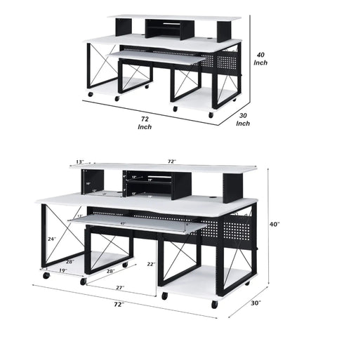 72 Inch Music Desk Workstation With Crossed Metal Panels Keyboard Tray White Finish Wide Monitor Surface Central Shelf